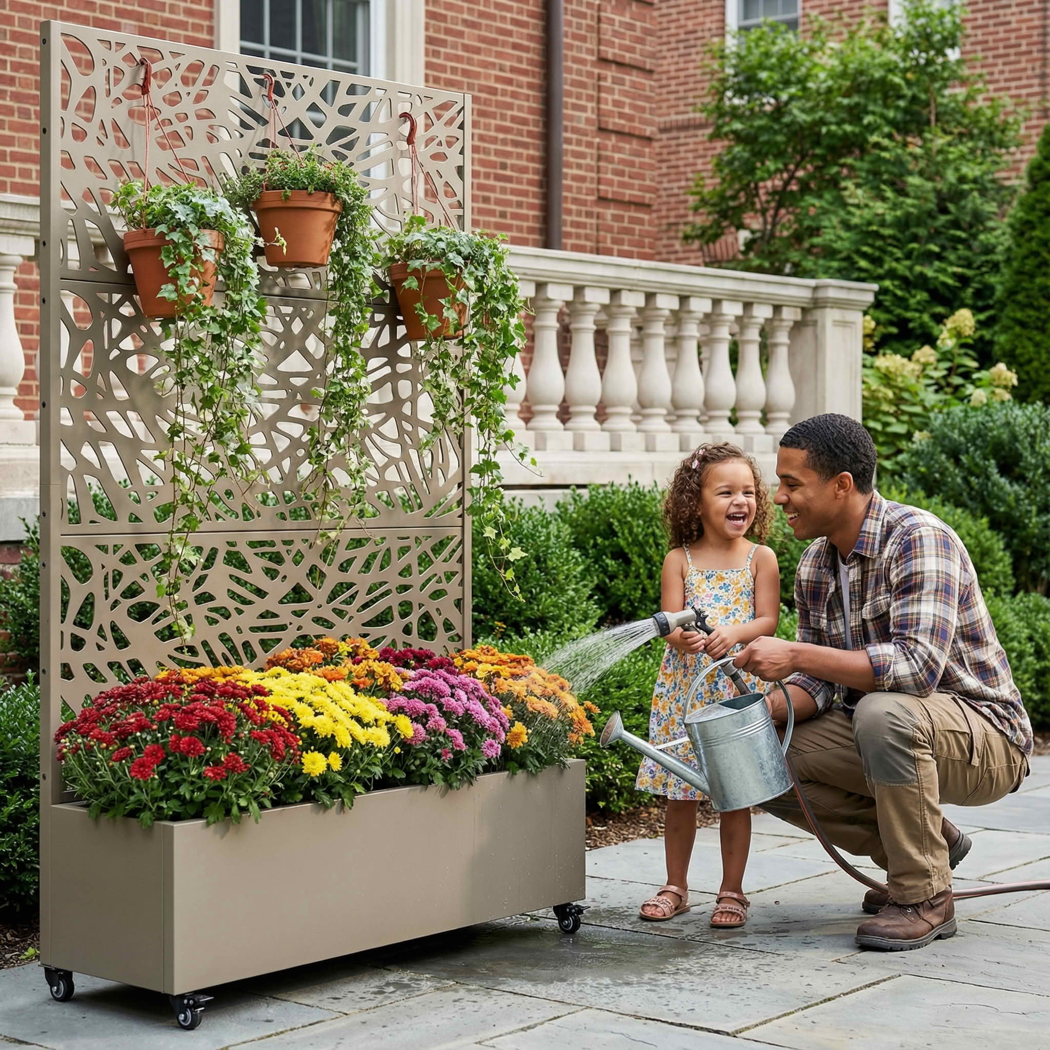MAYEERTY 72X47" Metal Outdoor Olive Gray Privacy Screen with Planter Box for Backyard & Garden, 3 Piece Set