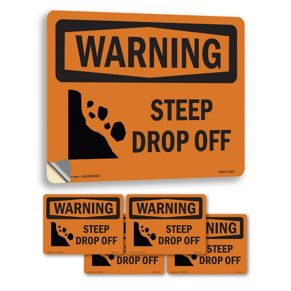 Steep Drop Off With Symbol OSHA WARNING Vinyl Decal Label 24 Inch x 18 Inch - 5 Pack