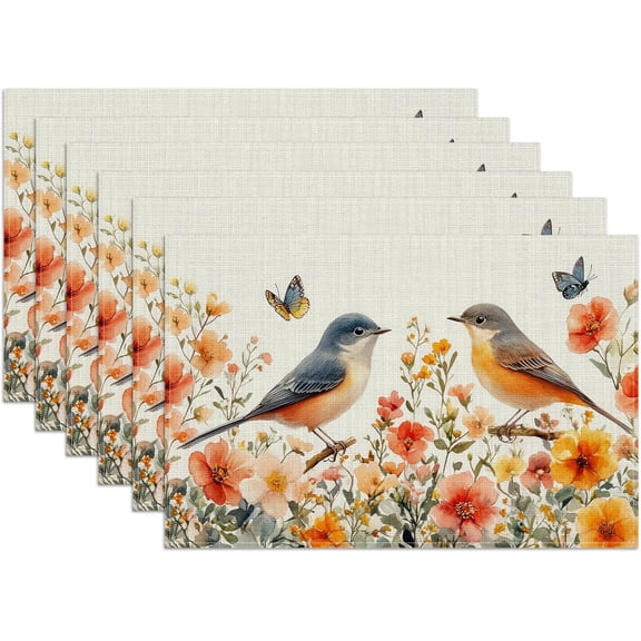 Bird Flower Floral Placemats Set of 6, Washable Heat Resistant Table Mat Watercolor Floral Linen Place Mats for Party Kitchen Dining Home Decor 12x18 Inch