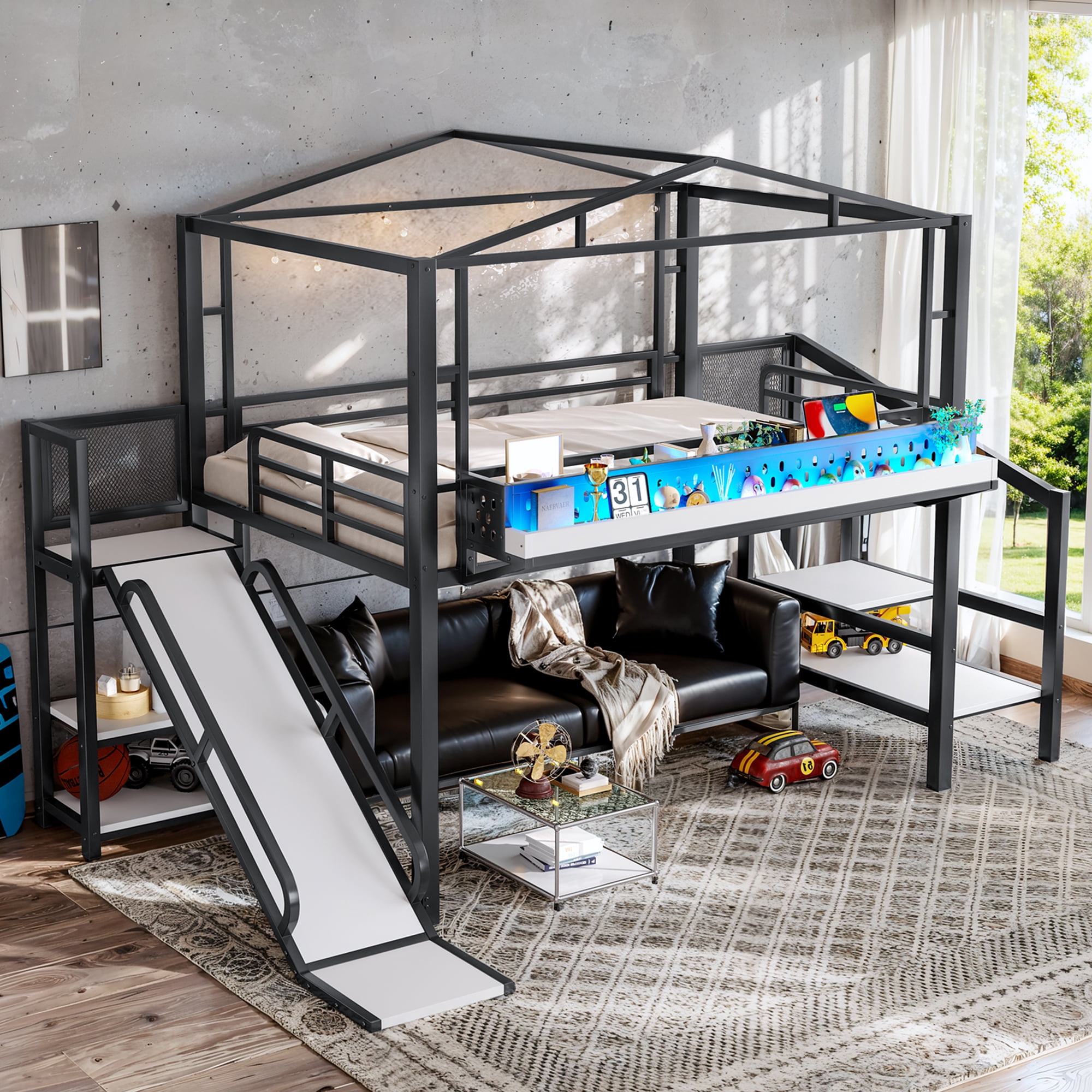 Leumius Full Size Loft Bed with Storage Stairs, Metal Loft Bed Frame with Built-in Wardrobe,Storage Shelves,USB Ports and LED Lights,Noise-reduced Design,Black
