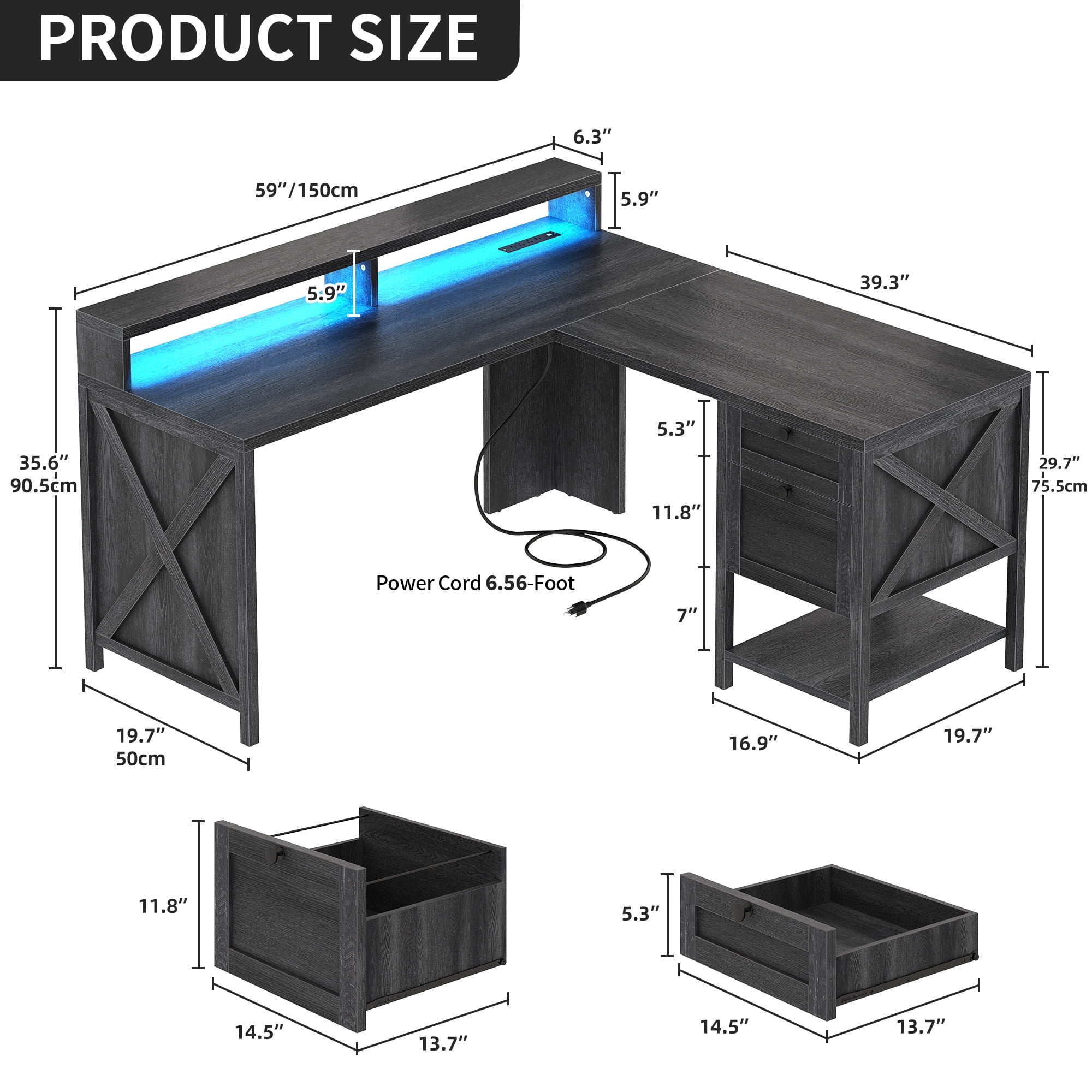 Dextrus L Shaped Desk with File Drawer , L Shaped Computer Desk with Power Outlets & LED Lights, Corner Desk Game Desk with Monitor Stand & Storage Shelves, Gray