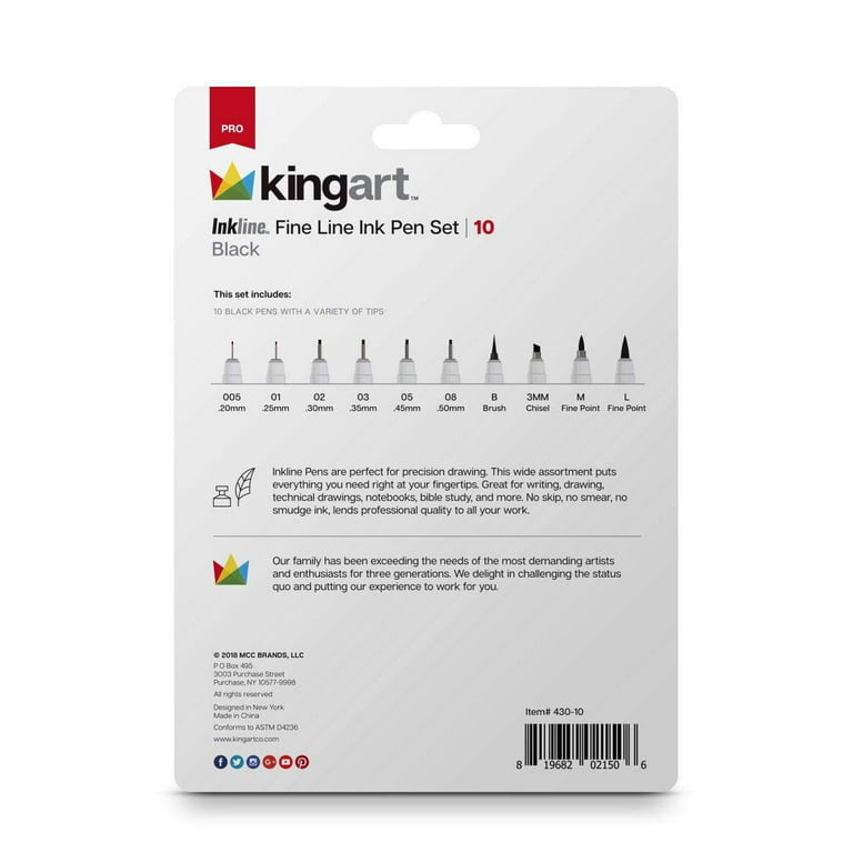Kingart Inkline Flexible Plastic Nib Fine Line Art & Graphic Pens 8pc