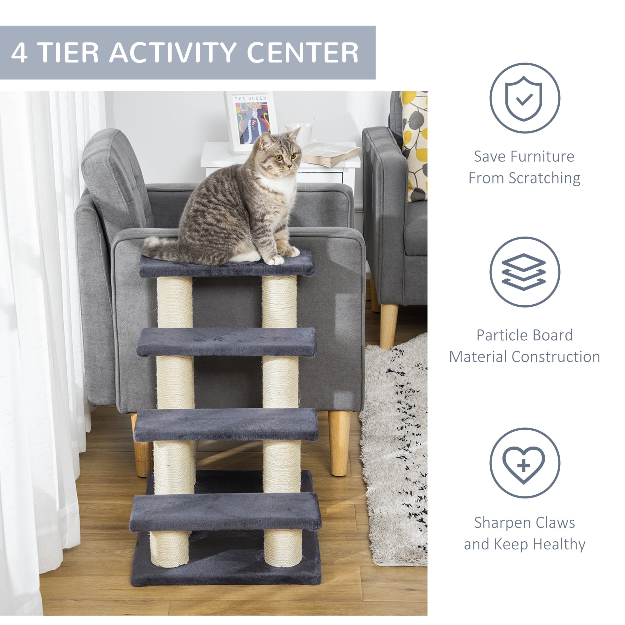 PawHut Cat Tree with 4 Stair Steps for High Beds w/ Sisal Scratching Post