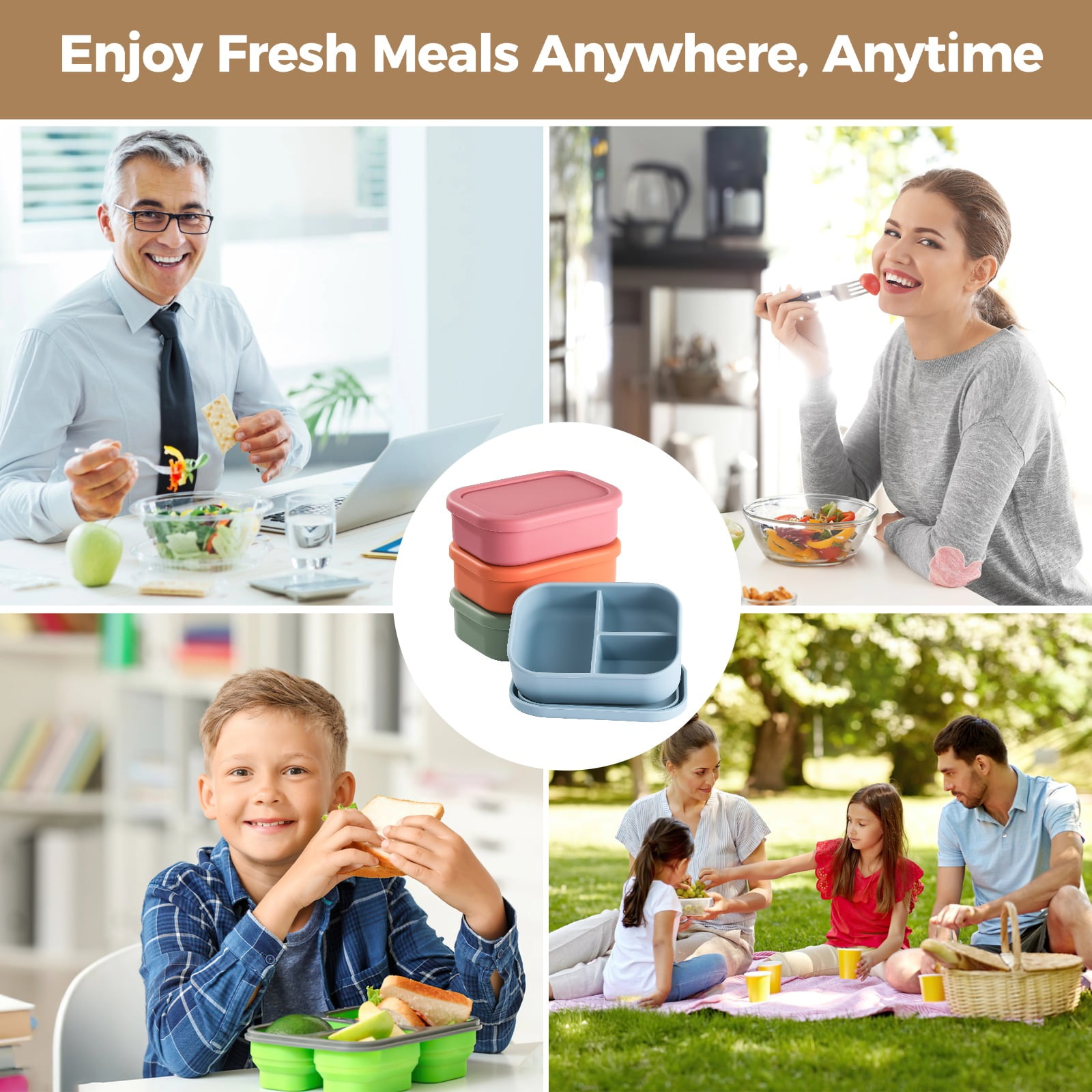 4 Pcs Silicone Bento Boxes, 3 Compartment Lunch Container, Leakproof, Microwave/Dishwasher/Freezer Safe, 7.2 x 5.3 x 2.4 in, Ideal for Office,and On-the-Go