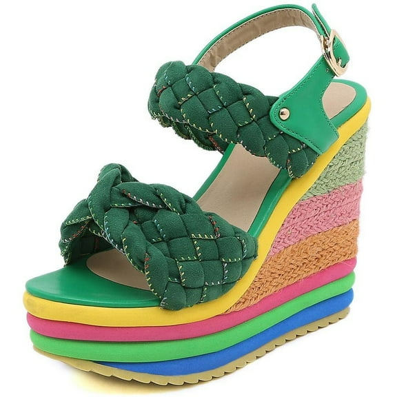 SACFOF Wedge Sandals for Women Colorful Double Woven Band Espadrilles Platform High Heel Sandals Ankle Strap Slingback Summer Shoes