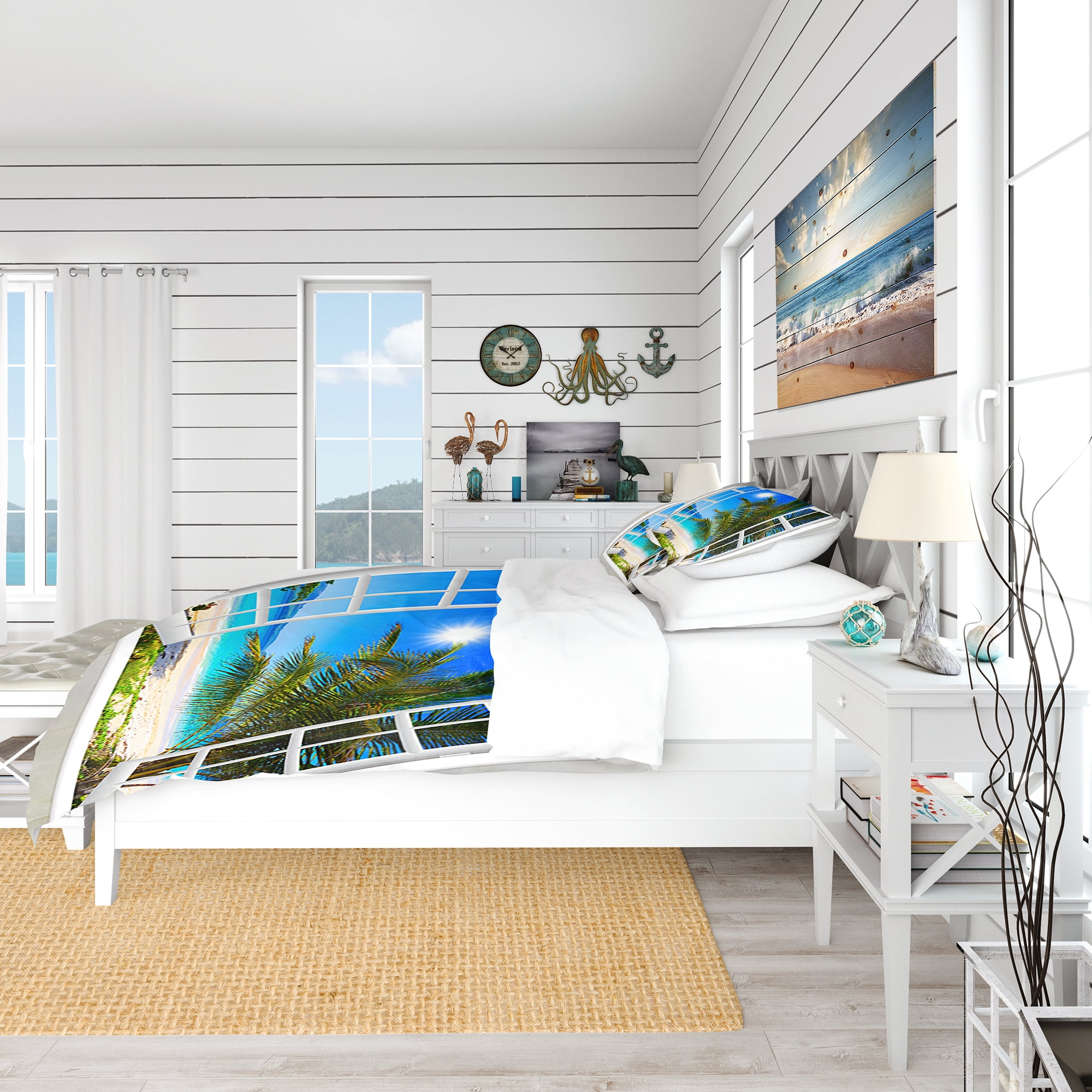 Designart 'Window Open To Beach with Palm' Coastal Duvet Cover Set