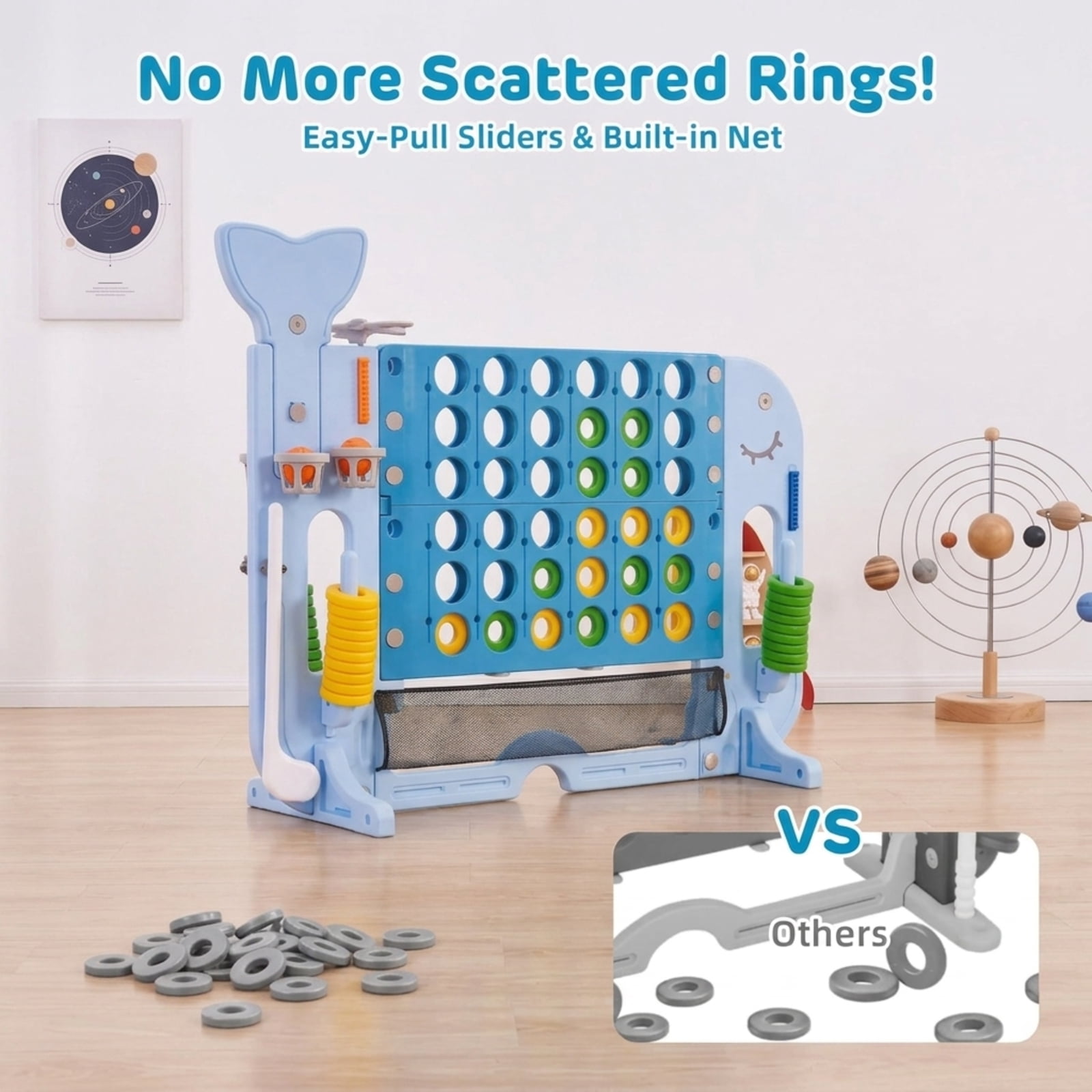 Fenbeli Whale-Shaped Giant 4-in-a-Row Game Set, 4-in-1 Outdoor Yard Game with Ring Toss, Basketball and Golf, 3-Level Adjustable Height