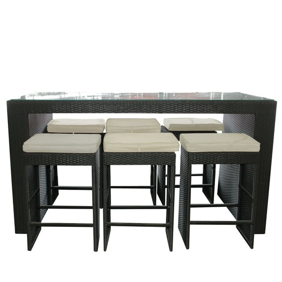 7-Piece Black and Beige Wicker Outdoor Furniture Bar Dining Set with Cushions - 78"