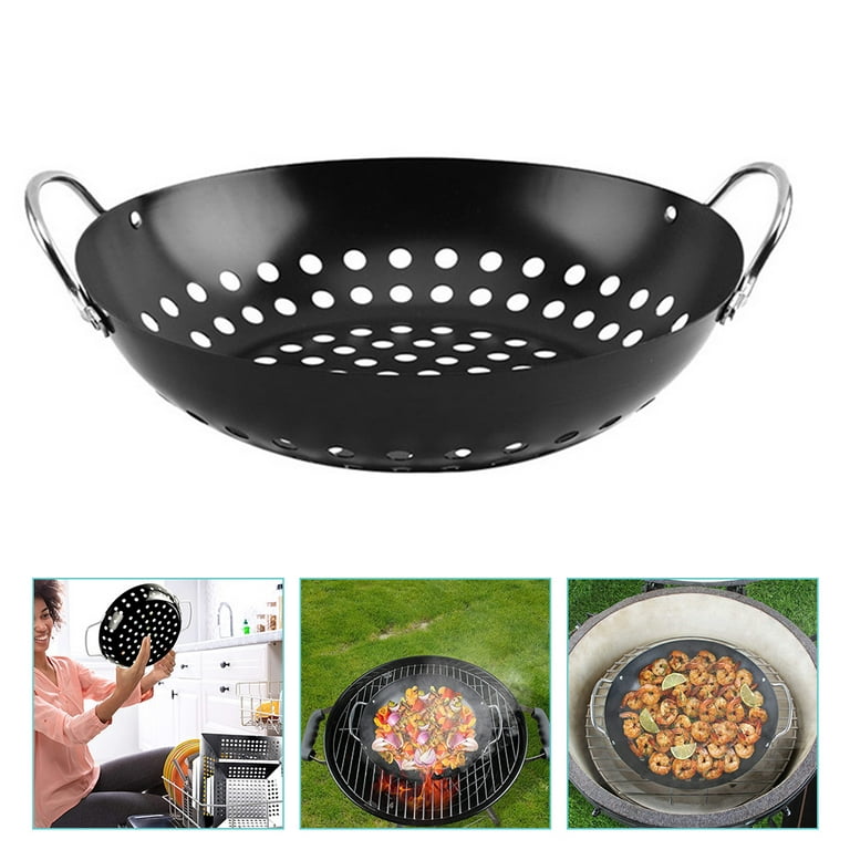 Grill Basket BBQ Vegetable Grilling Barbecue Pan Wok Veggie Steel Grate Portable Tray Cooking Camping Nonstick Stainless, Size: 31X28X9.3CM