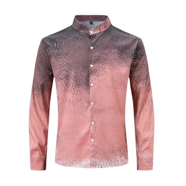 Blusa y camisa de manga larga con cuello alto para hombre, blusa de poliéster con estampado de botones y degradado, a la moda, para hombre