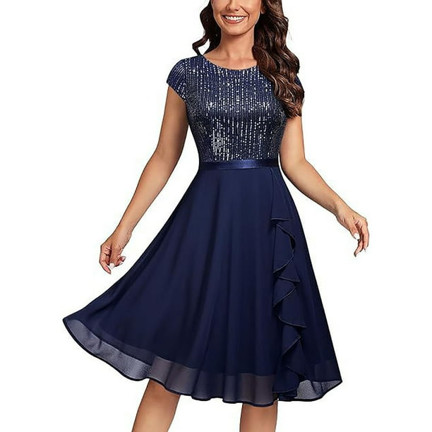 Puntoco Vestido De Lentejuelas De Color Sólido Para Mujer, Vestido Sexy Con Cuello Redondo, Vestido De Manga Corta Con Cuello Redondo, Azul Marino L,Regalos Para Mujer Joven
