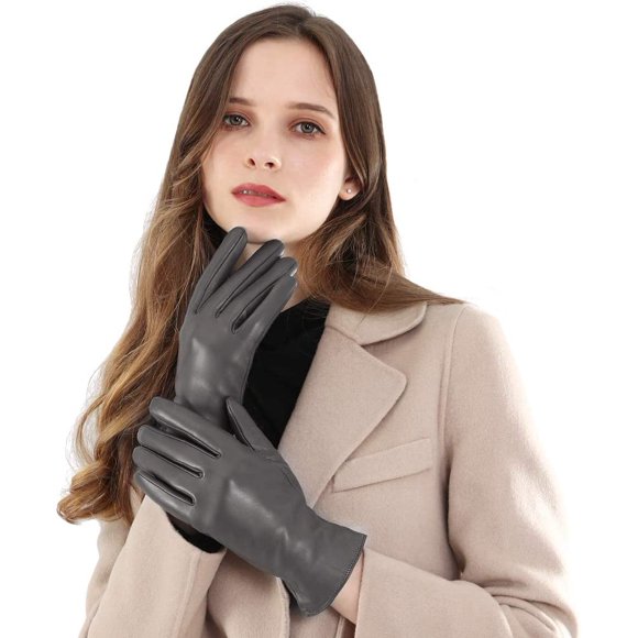 Leather Gloves Women Touch Screen Gloves Warm Winter Driving Glove Hull-Hand Gray M