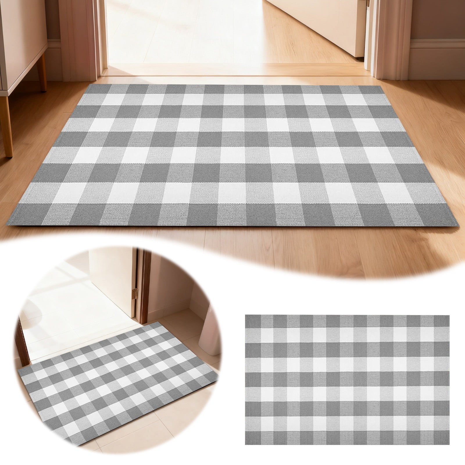 Buffalo Plaid Rug 125X65cm Grey and White Checked Rug Washable Doormats Indoor Outdoor Rugs for Layered Front Door Mats, Porch, Kitchen, Farmhouse, Entryway