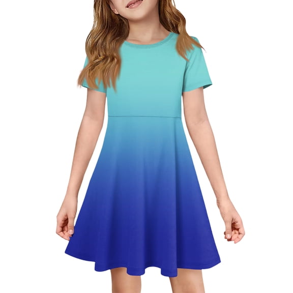 CCRFTGI Dresses for Kids Girls Size 10-12 Basic Short Sleeve Summer A Line Swing Skater Dress Cute Gradient Dresses Holiday Girls Clothes Fashion Blue 12-13 Years
