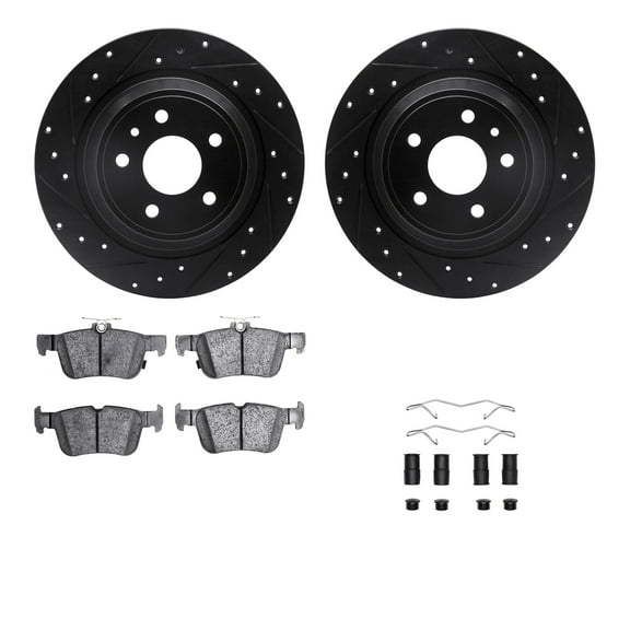 Dynamic Friction Company Rear Brake Rotors-Drilled and Slotted-Black with 5000 Advanced Brake Pads includes Hardware 8512-54075