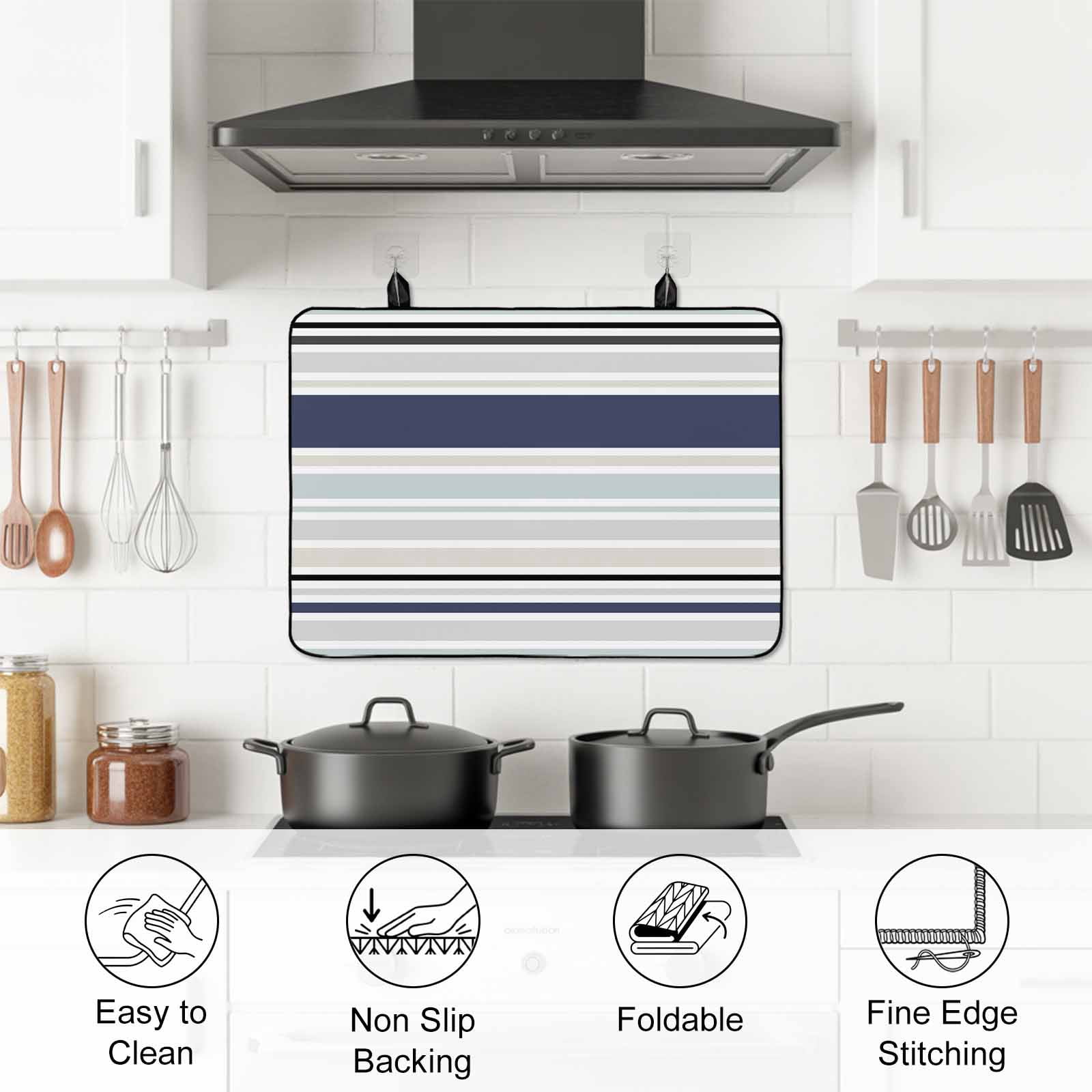 Blue Black Grey Striped Stove Top Cover for Electric Stove, Heat-proof & Non Slip Glass Top Stove Cover Protector, Farmhouse Stripes Kitchen Flat Cooktop Rubber Mat 24x21 Inches