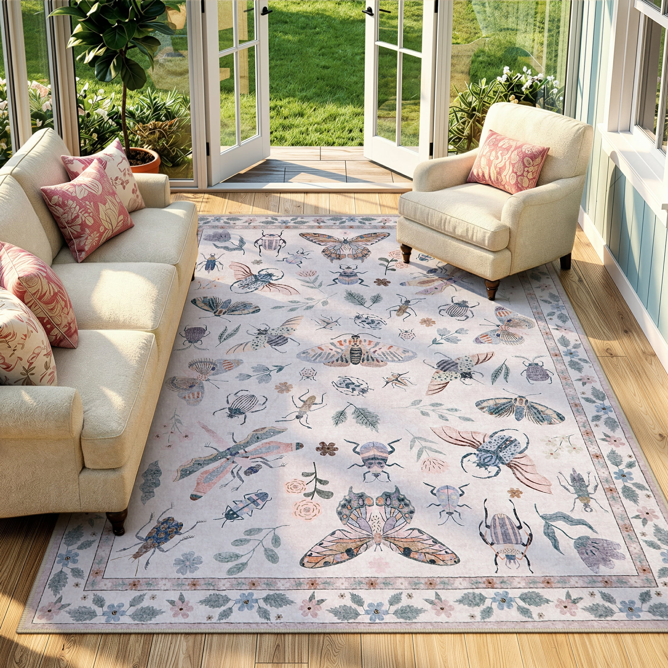 Moynesa Insect 6'x9' Area Rugs Washable Rug for Living Room Soft Natural Girls Bedroom Rug Large Bug Accent Carpet for Dining Room Sunroom Playroom Stain Resistant Non Slip, Pink