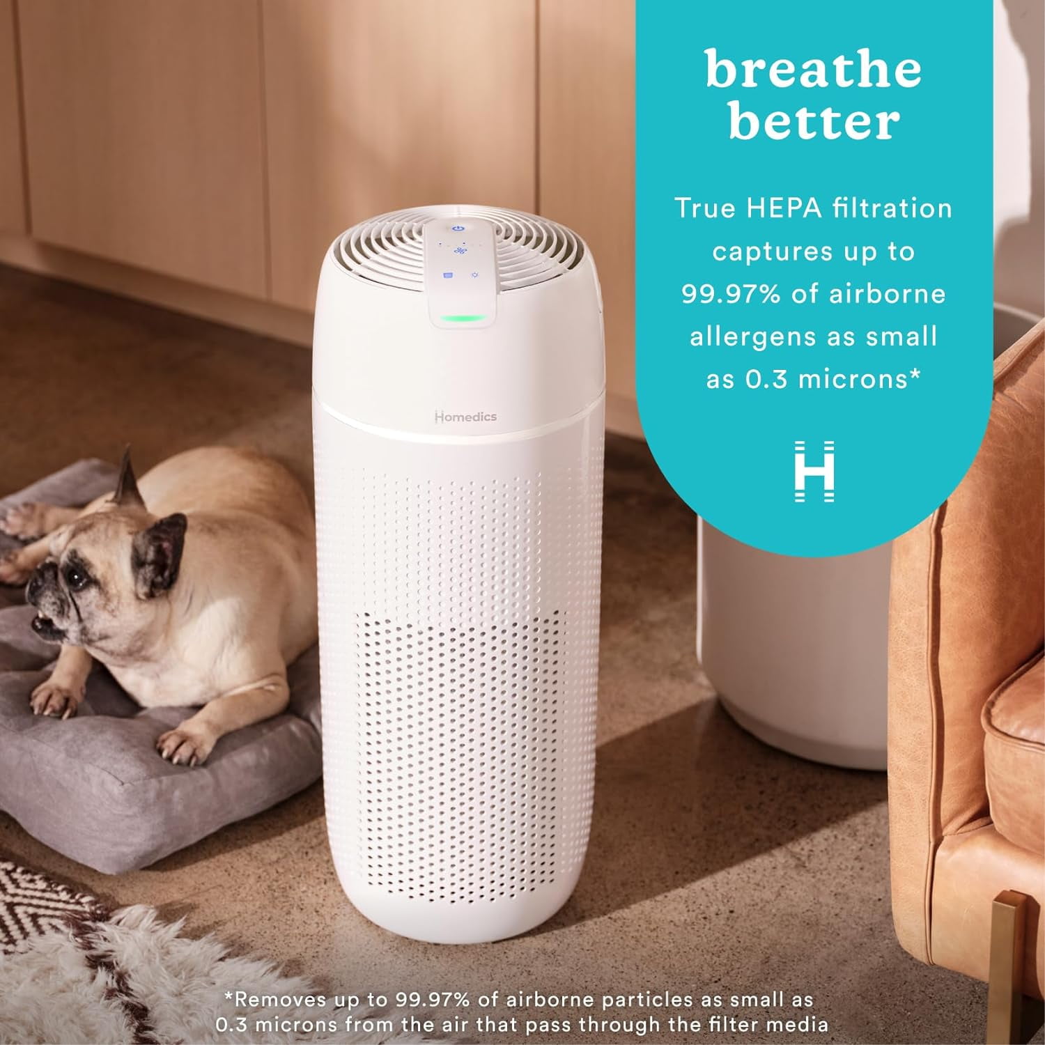 Homedics Air Purifier, 4-in-1 Tower, True HEPA Filtration for Large Rooms