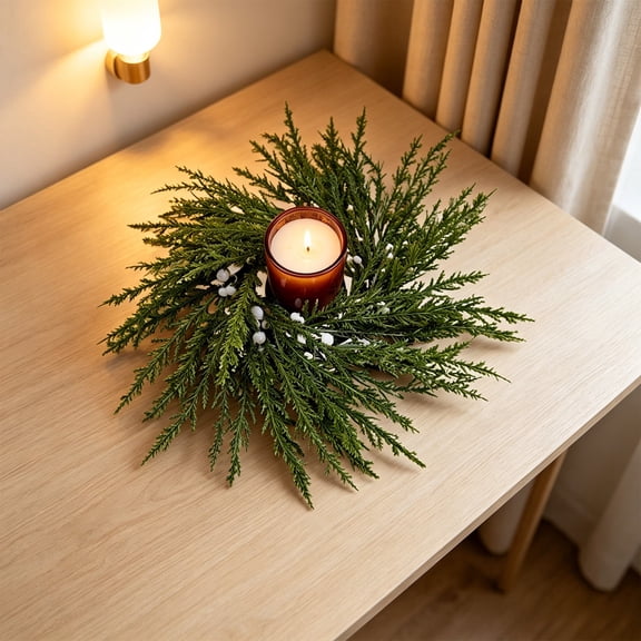 Linnome Christmas Floral Candle Ring Wreath Decor Table Centerpiece Garland for Dining Table Fireplace Party Holiday Tabletop Ornament 10.24x10.24x1.97in