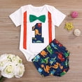 thumbnail image 3 of Baby Boy Dinosaur Theme 1st Birthday Cake Smash Outfit Romper + Suspenders + Shorts 3pcs Set, 3 of 7