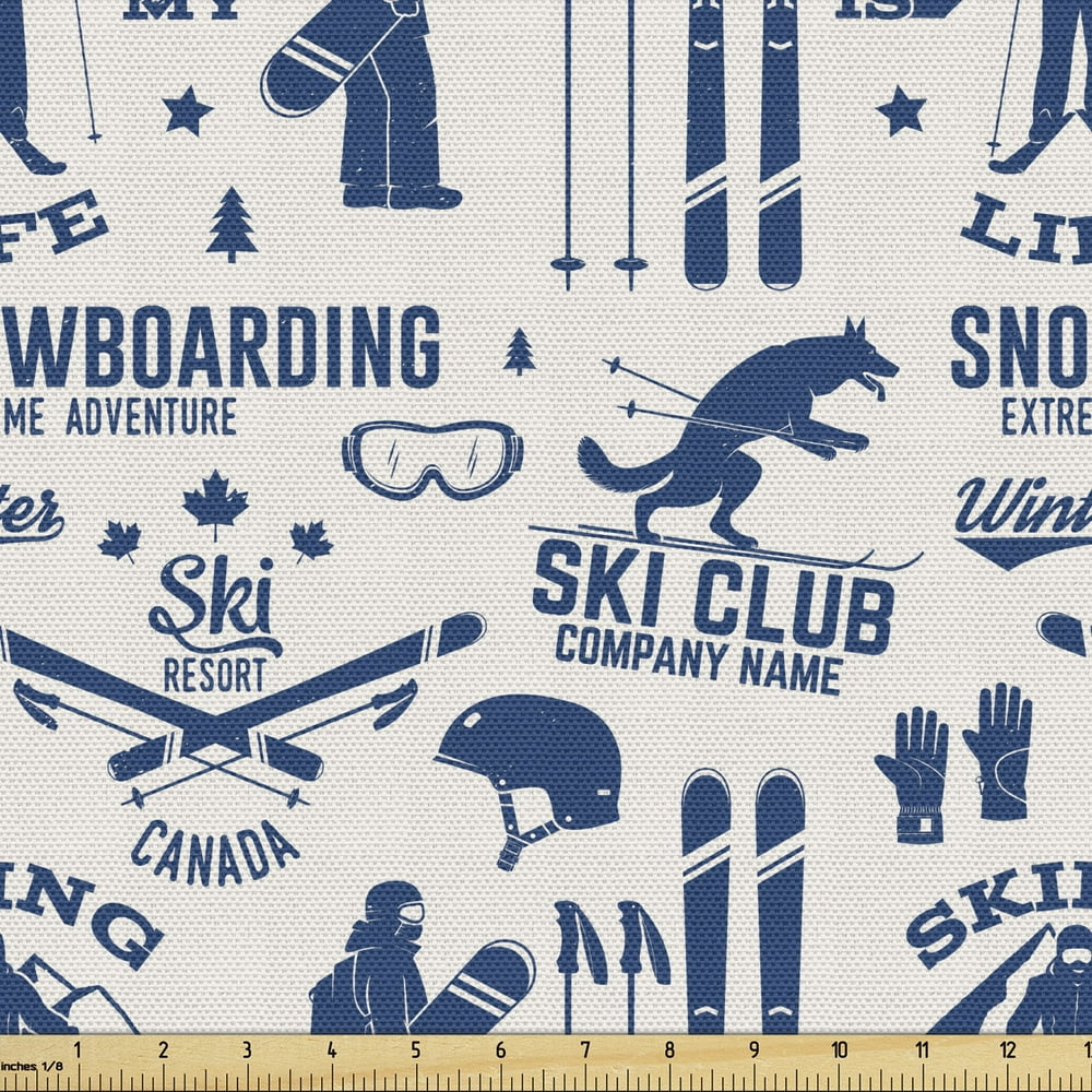Ski Pattern Upholstery Fabric by the Yard, Vintage Style Monochromatic