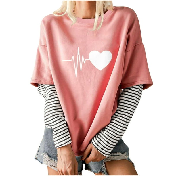 Blusa de manga larga de dos pines falsos con empalme a rayas y cuello redondo para mujer Pompotops gfhjh19711