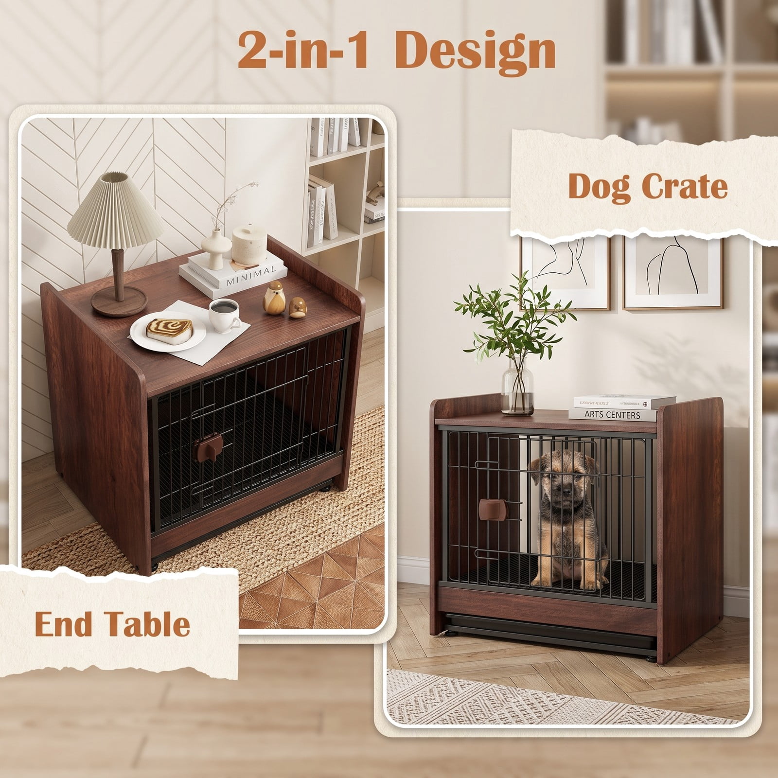 ALPULON Dog Crate Indoor Dog Cage End Table with Removable Tray and Lockable Door, Heavy Duty Metal Wood Furniture Style Pet Kennel for Small Medium Dogs, Rustic Brown