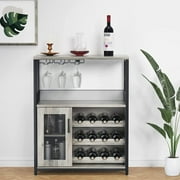 Litake Wine Bar Rack Cabinet with Detachable Wine Rack, Bar Cabinet with Glass Holder, Small Sideboard and Buffet Cabinet with Mesh Door, Grey