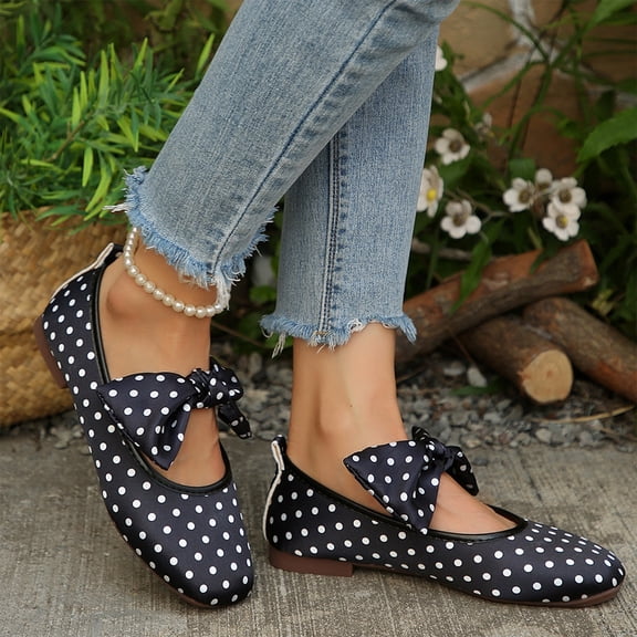 KEVCHE Womens Polka Dot Satin Bow Knot Round Toe Ballet Flats, Comfort Slip On Shoes, Lightweight Footwear for Casual Summer Party Wear, Retro Mary Jane Ballet Shoes