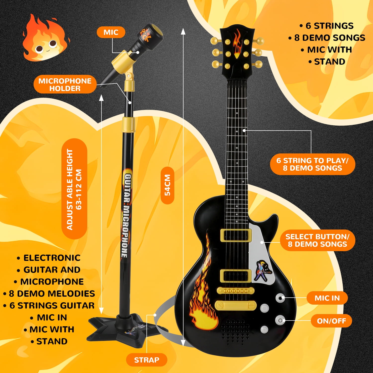 Freecat Toddler Guitar, Cool Black Toy Guitar for Kids Boys Ages 3 4 5 6 Years, with Microphone and Adjustable Stand, Musical Instrument Christmas &Birthday Gift for Boys.