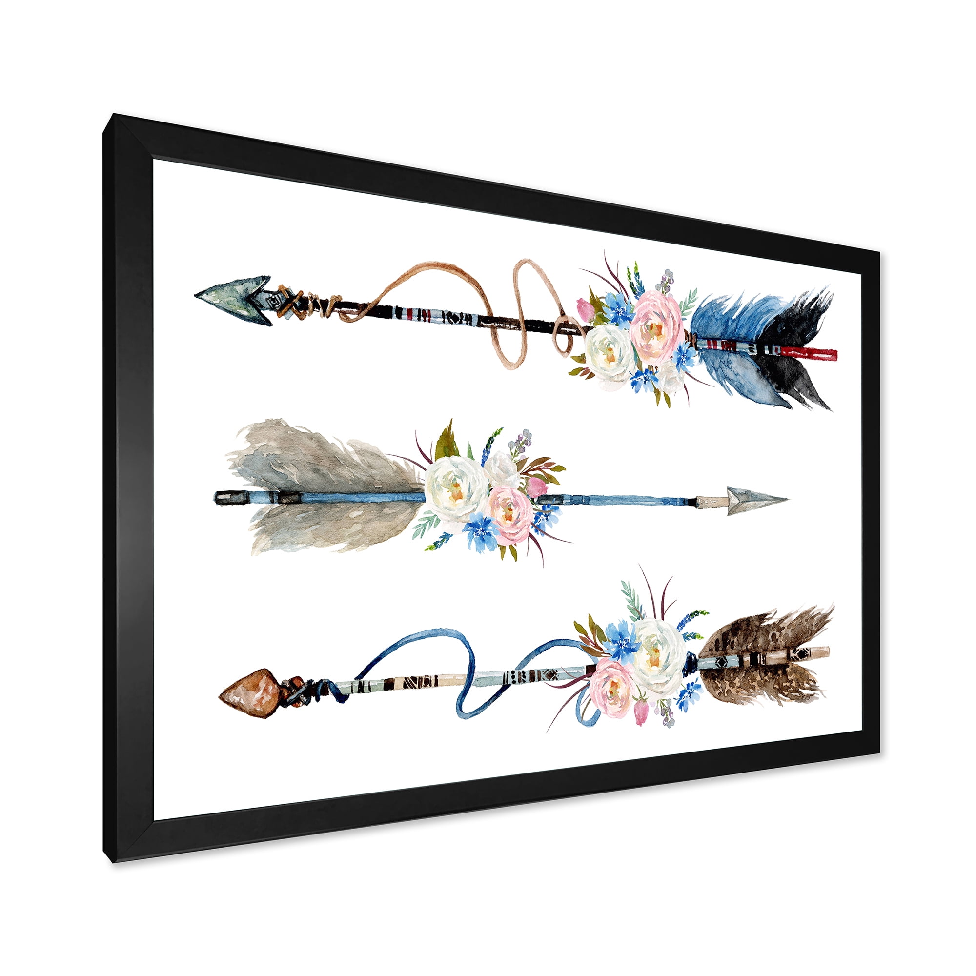 Designart 'Flowers and Ethnic Feathers On Native Arrows I' Bohemian & Eclectic Framed Art Print