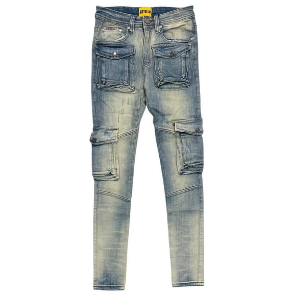 GFTD LA Los Angeles Men's Skinny Fit Jeans Warren Cargo Stretch Stonewash Denim (29, Blue Stonewashed)