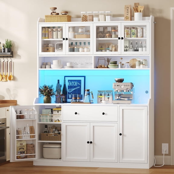 75" Tall Kitchen Pantry Cabinet with LED Light & Charging Station,with Doors,55" Wide Pantry Storage Cabinet with Storage Drawers and Adjustable Shelves for Dining Room,Coffee Bar Cabinet,White