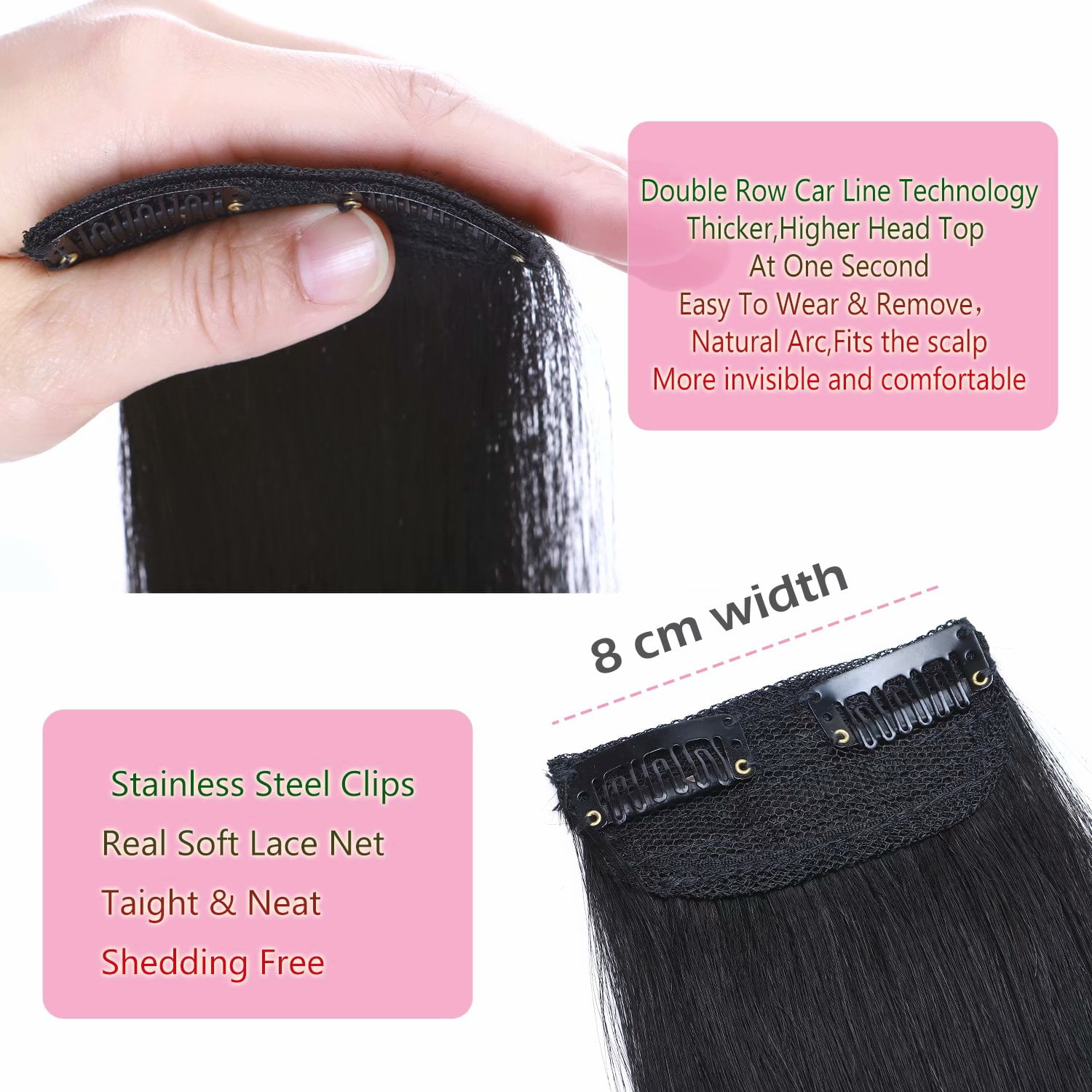Benehair Clip in 100% Remy Human Hair Extensions Fluffy Hair Pad Invisible Hairpiece Topper Thickened Soft Thin Hair Black 3 Pieces