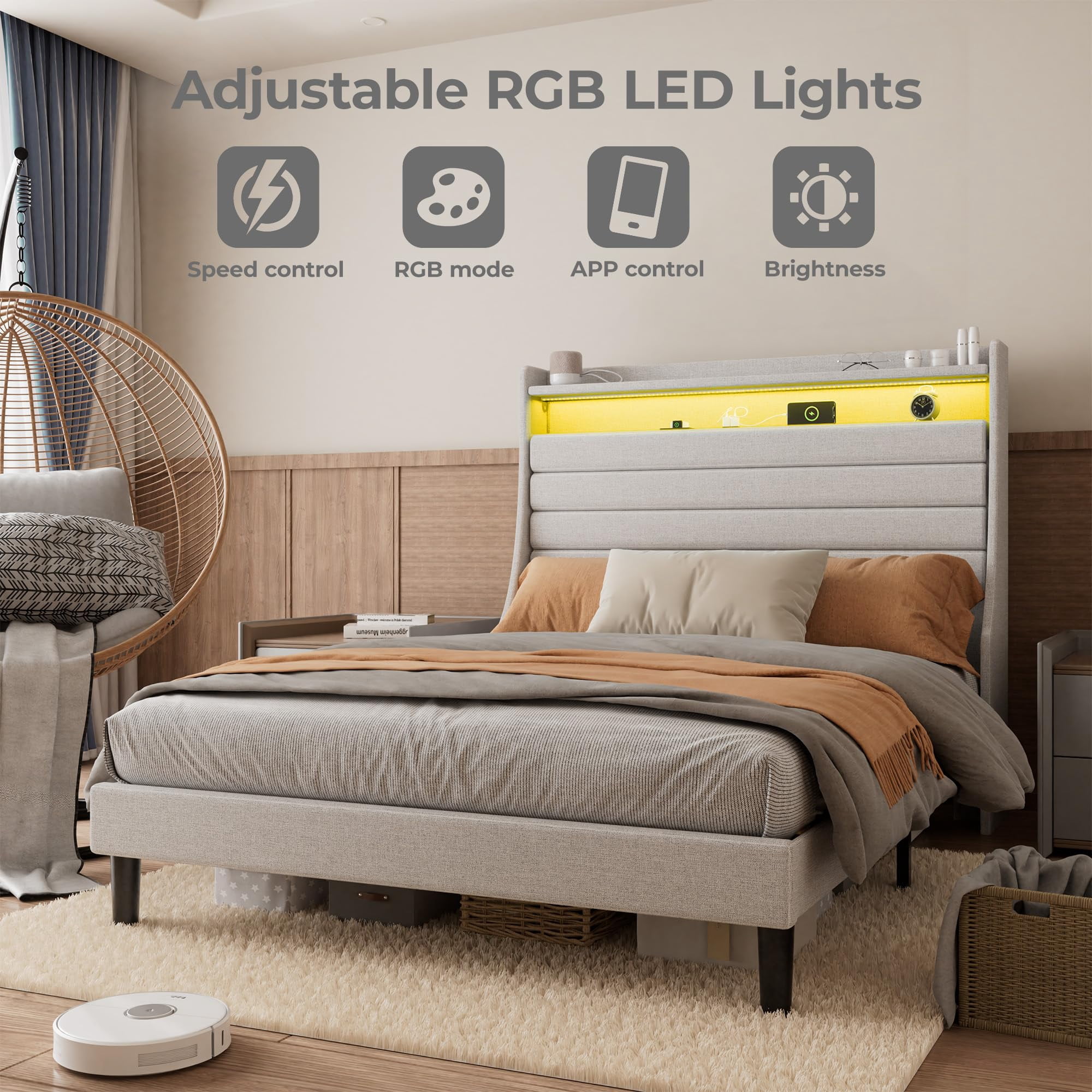 Towallmark Queen Size Bed Frame with LED Light & Power Outlet Upholstered Headboard,Bed Platform with Charging Station and 2-Tier Storage,Easy Assembly Wooden Slat Support,Beige