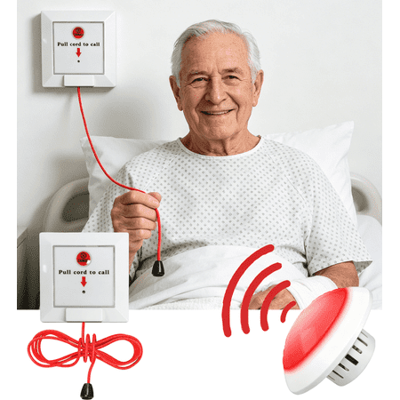 Wireless Elderly Pull Cord SOS Call Alarm System, Fall Alert Devices for Seniors, Long Range Caregiver Call Button for In-Home Care, Bedroom, Bathroom and Stairway Use