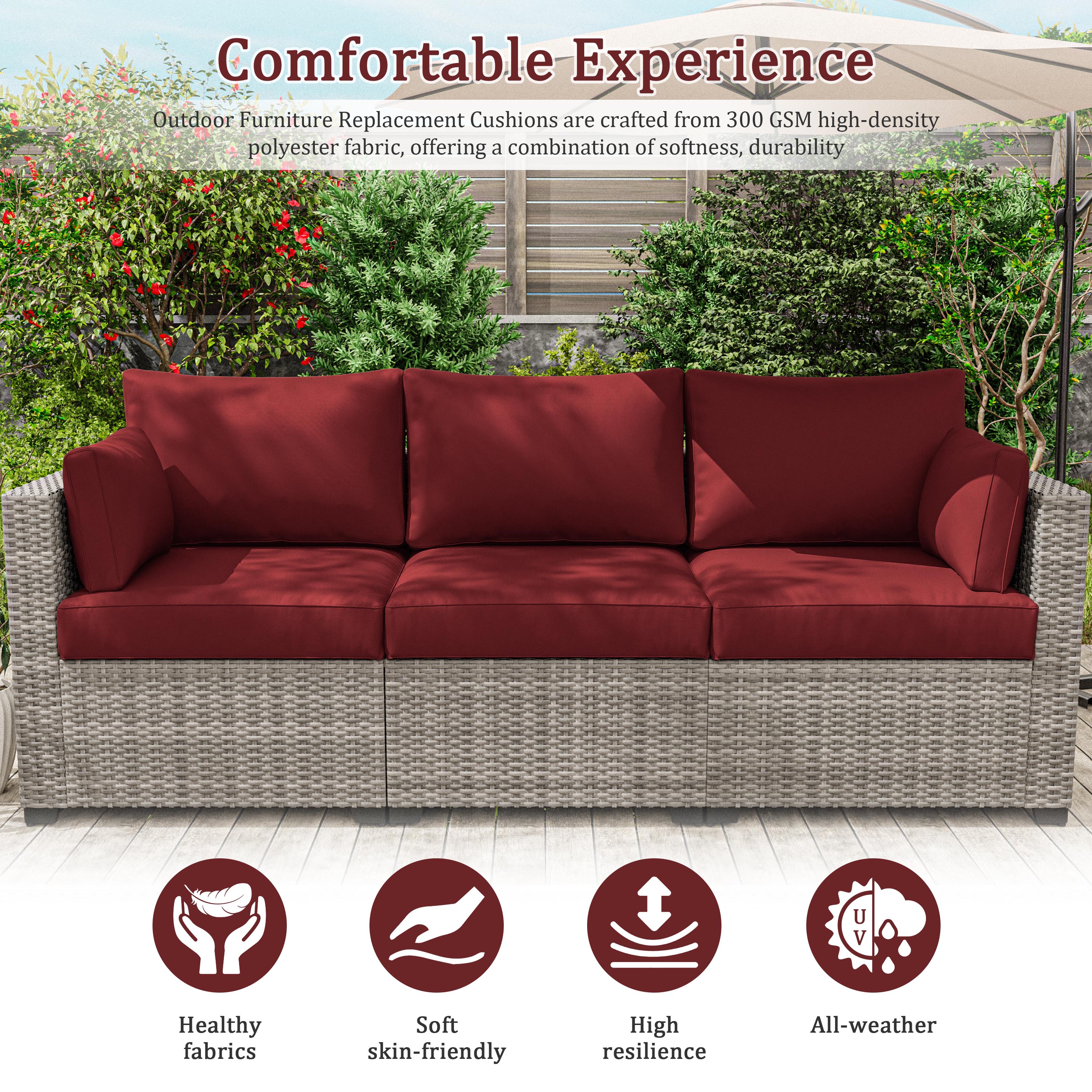 Snubbull 8-piece Patio Furniture Cushions, Replacement Outdoor Cushions for 3-Seat Sectional Sofa, Waterproof & Zipped, 25.6"*23.6"*4", Burgundy