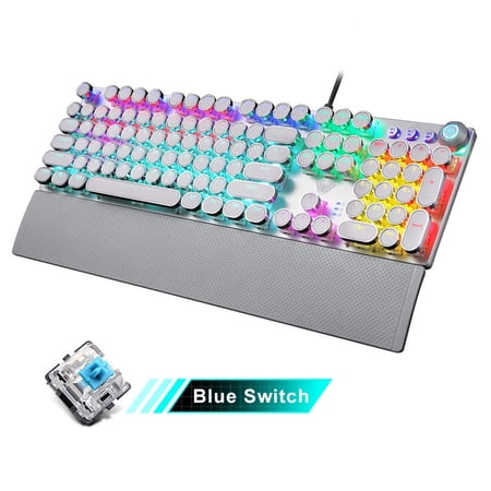 AULA F2088 104 Keys Wired Gaming Mechanical Punk Round Keyboard Mixed Light Effect Metal Panel with Wrist Pad White(Blue Switches)