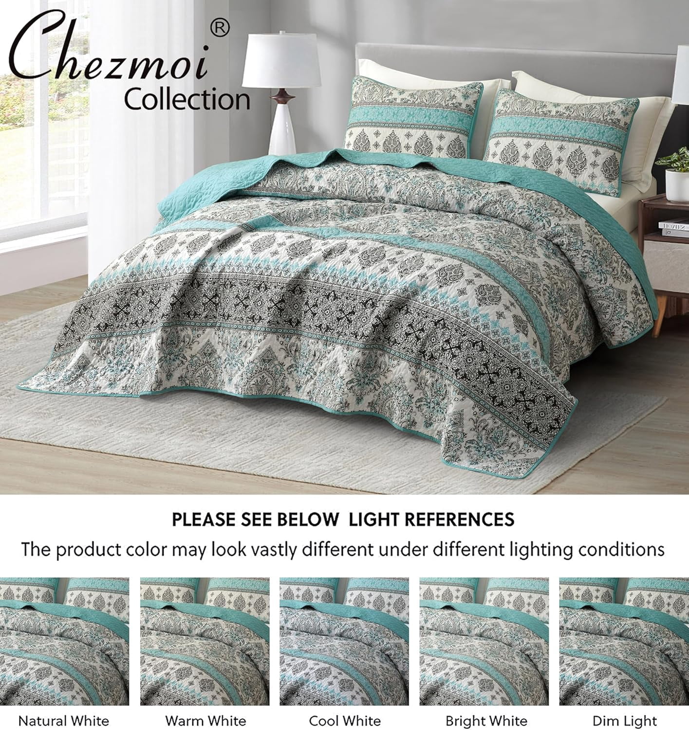 Chezmoi Collection Herald 3-Piece Printed Quilt Set, Aqua Blue Black White Boho Damask Coverlet, Pre-Washed Microfiber Lightweight Bedspread for All Seasons, King Size