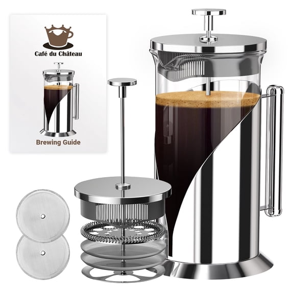 Cafe Du Chateau French Press Coffee Maker, Brews Coffee and Tea, Heat Resistant Glass with 4 Level Filtration System, Stainless Steel Housing, Large 34 oz Carafe Coffee Presser