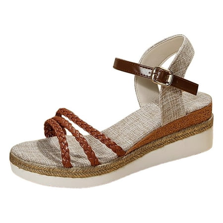 

ZIZOCWA Boho Style Weave Sandals for Women Strappy Thick Bottom Wedge Soft Sole Dressy Sandals Open Toe Platform Buckle Ankle Strap Beach Shoes Brown Size40