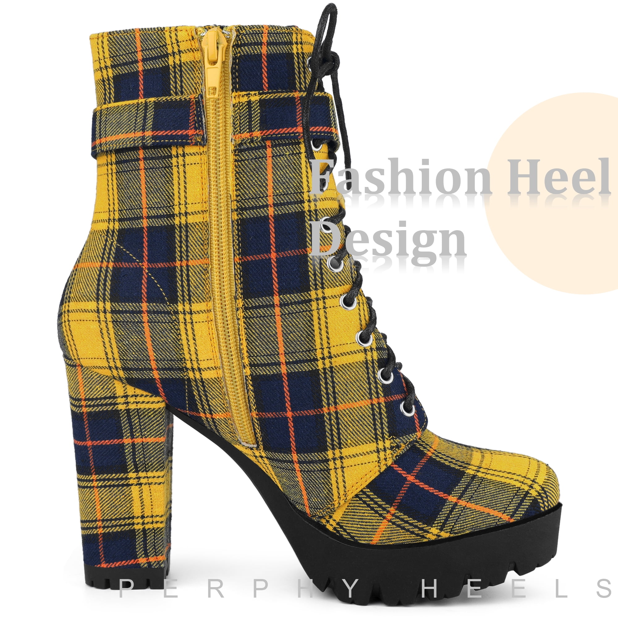 Unique Bargains Women's Platform Lace Up Chunky Heel Plaid Printing Ankle Boot Yellow 8