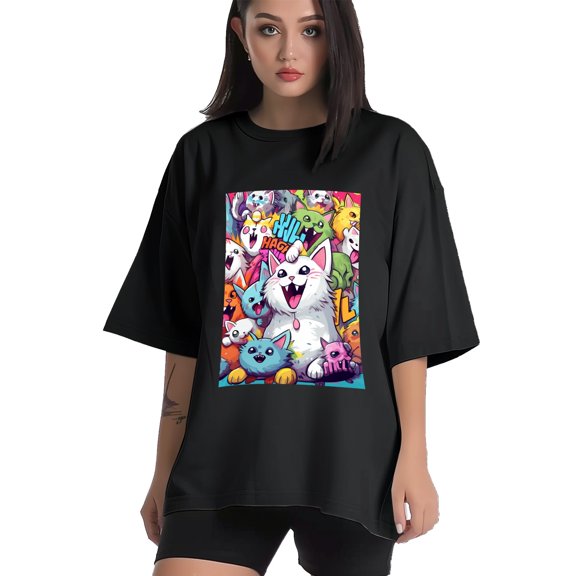 Plus Size Shirt for Women Black Tops for Women Short Sleeves Shirt for Women Cats T Shirt Crewneck Shirt for Women XS