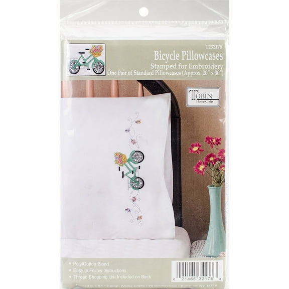 Tobin Stamped Pillowcases, Bicycle, 20" x 30" Embroidery Kit, white