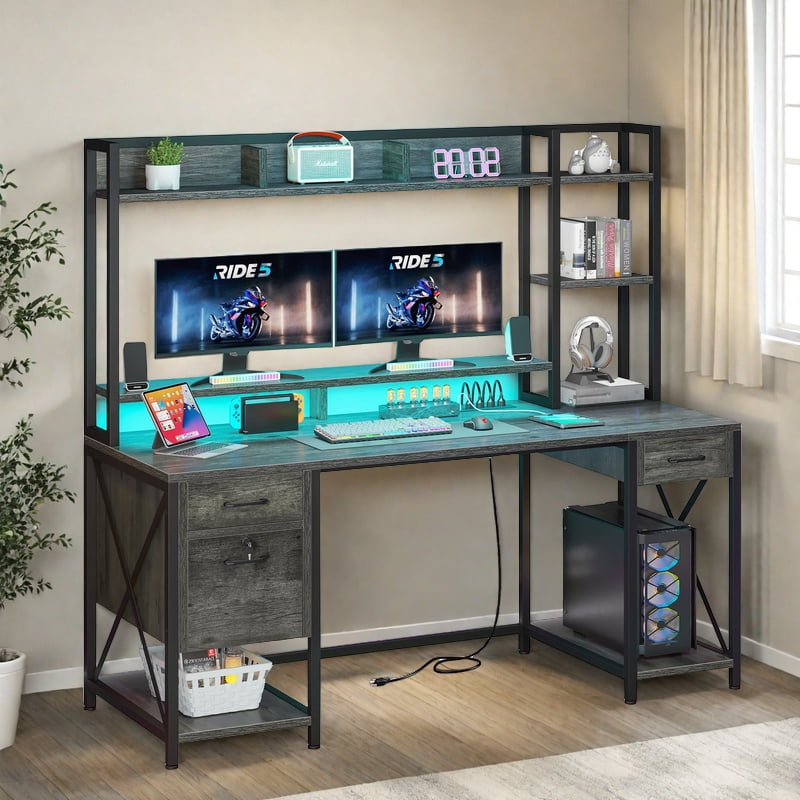 Uforic Computer Desk with Hutch& Led Light, Gaming Desk with Power Outlets, Home Office Desk, Gray