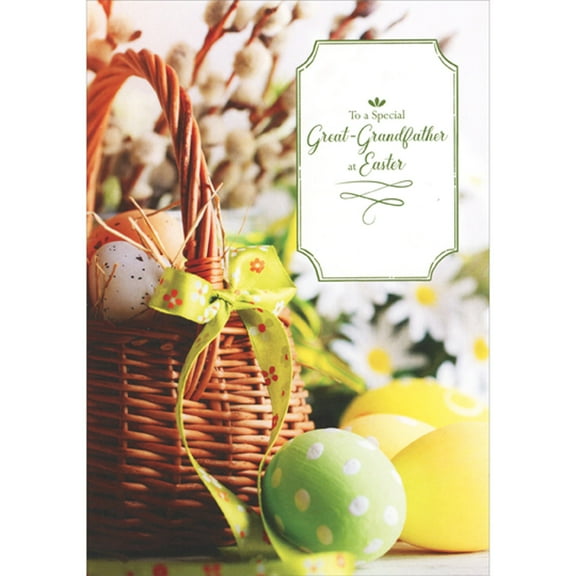 Designer Greetings Wicker Basket with Spotted Eggs and Green Ribbon Easter Card for Great-Grandfather