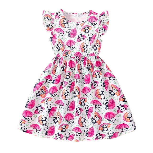 Robes pour Filles Manches Courtes Imprimés Dessin Animé Col Rond Vêtements Décontractés Robe de Demoiselle d'Honneur Rose 5-6 Ans
