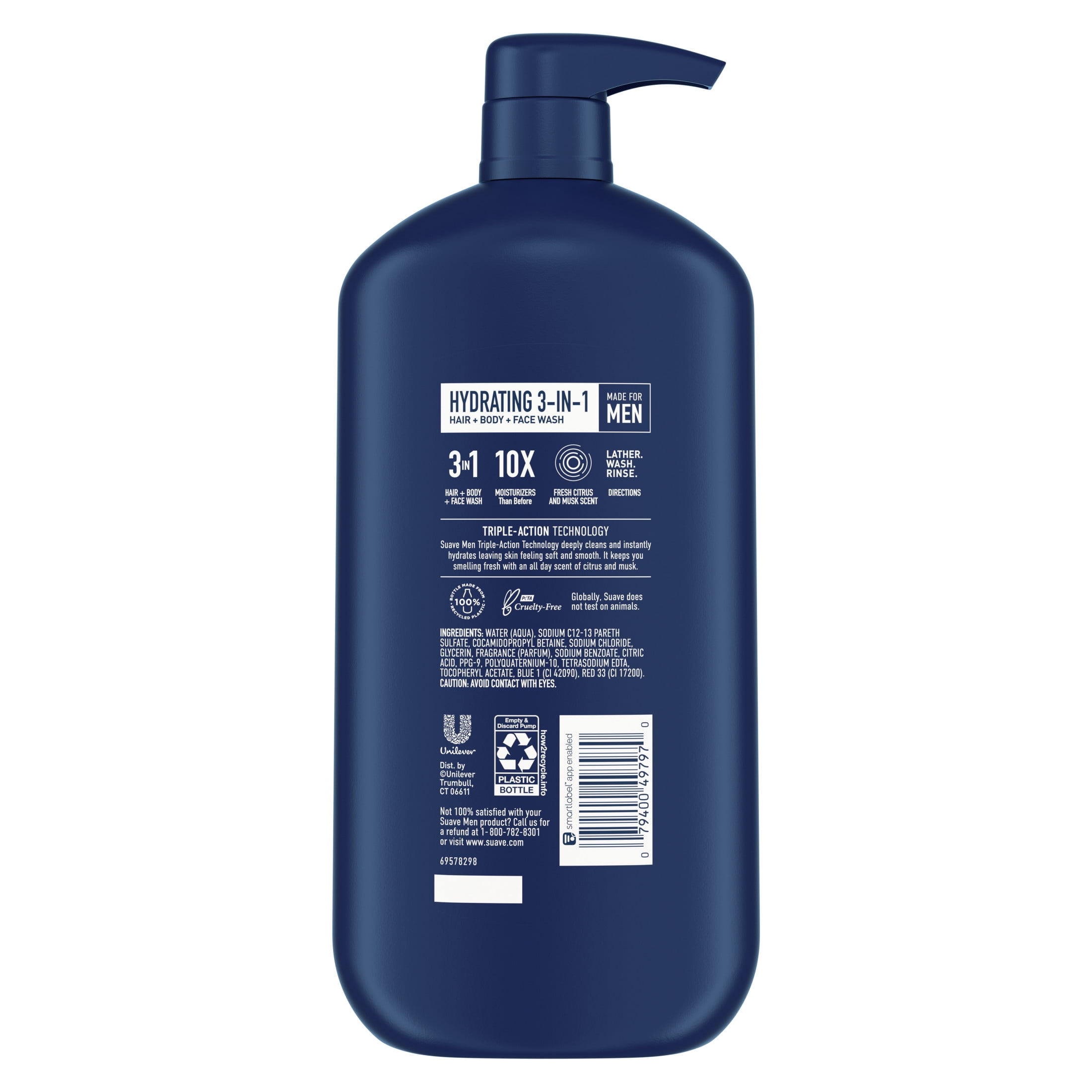 Suave Men 3 in 1 Mens Body Wash, Hair, Face and Body Wash, Hydrating, Citrus & Musk, 30 oz