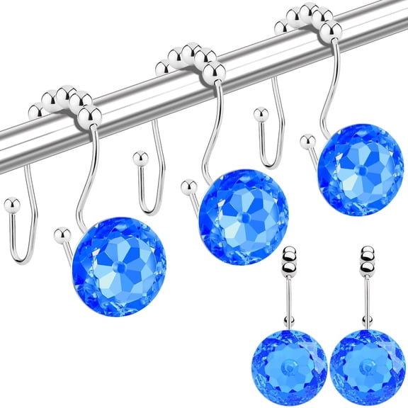 Shower Curtain Hooks Rings for Bathroom, 12PCS Double Hooks Glide Anti Rust Crystal Rhinestones Shower Curtain Rings Hangers for Shower Curtains, Clothing (Blue)