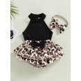 thumbnail image 3 of Wassery Infant Baby Girls Summer Outfit Solid Color Sleeveless Hanging Neck Tank Tops + Leopard Print Ruffle Shorts + Headband Set 3Pcs 3-24M, 3 of 9